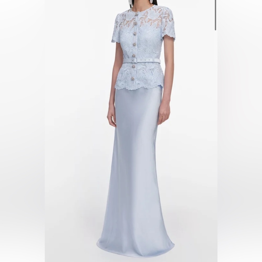 Self Portrait Elegant Light Blue Lace Peplum and Satin Skirt Evening Gown - Picture 2 of 5